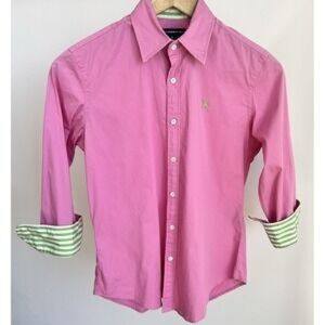 Ralph Lauren Sport Women’s Pink, 3/4-Sleeve Button-Down Blouse w/Neon Green Pony